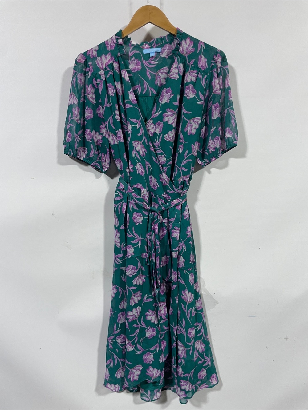 Draper James Teal Wrap Midi Dress with Lilac Floral Print